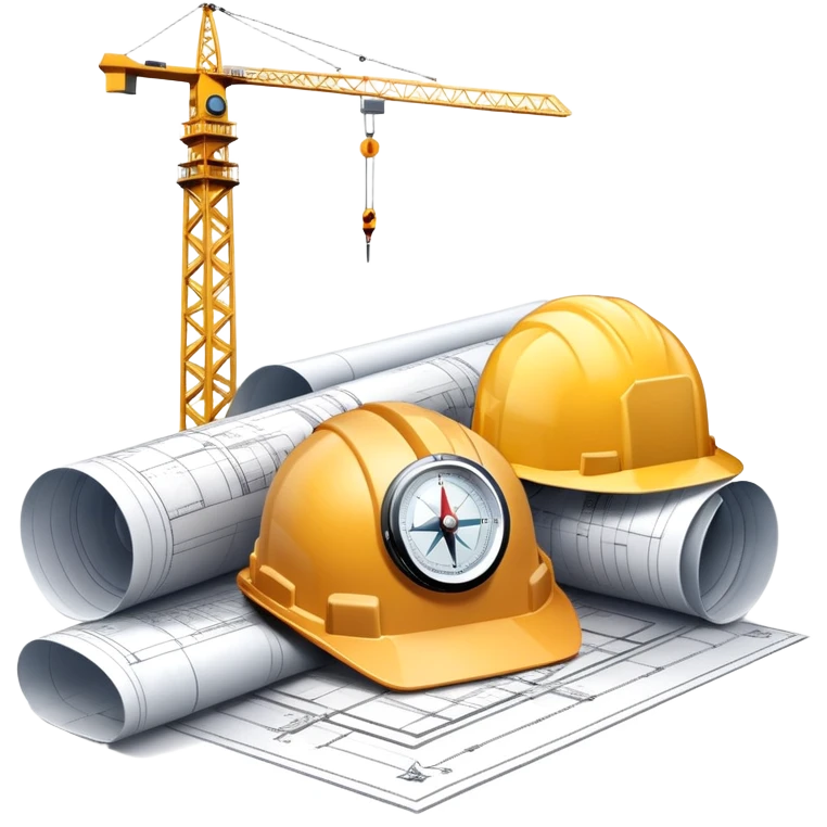 An icon featuring blueprints, a compass, and a construction helmet, symbolizing architecture and construction. The design includes building structures, cranes, and a ruler, representing the design and creation of buildings and urban planning. Transparent background. emoji