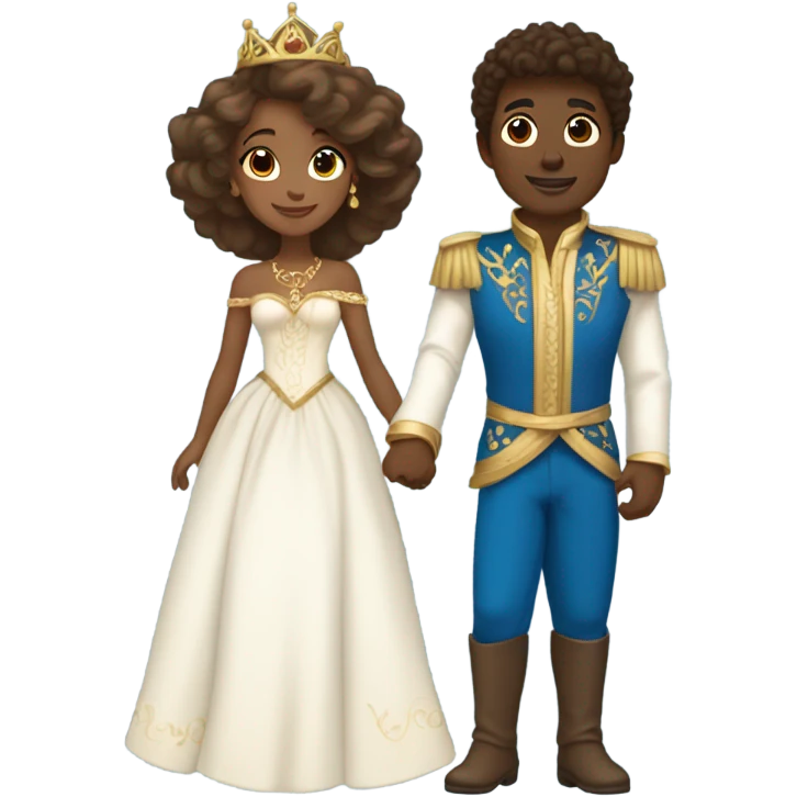 A princess with tan skin, brown hair and a long white dress with jewelry dancing with a prince that is dark skin and curly brown hair with a blue and gold outfit  emoji