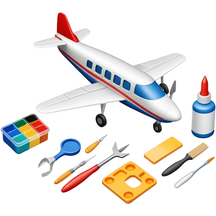photorealistic icon featuring model-building tools like glue, paint, paintbrushes, pieces of a plastic model airplane in the process of being assembled. The design includes detailed textures of the model pieces and tools, capturing the focus and creativity of model building. Transparent background. emoji