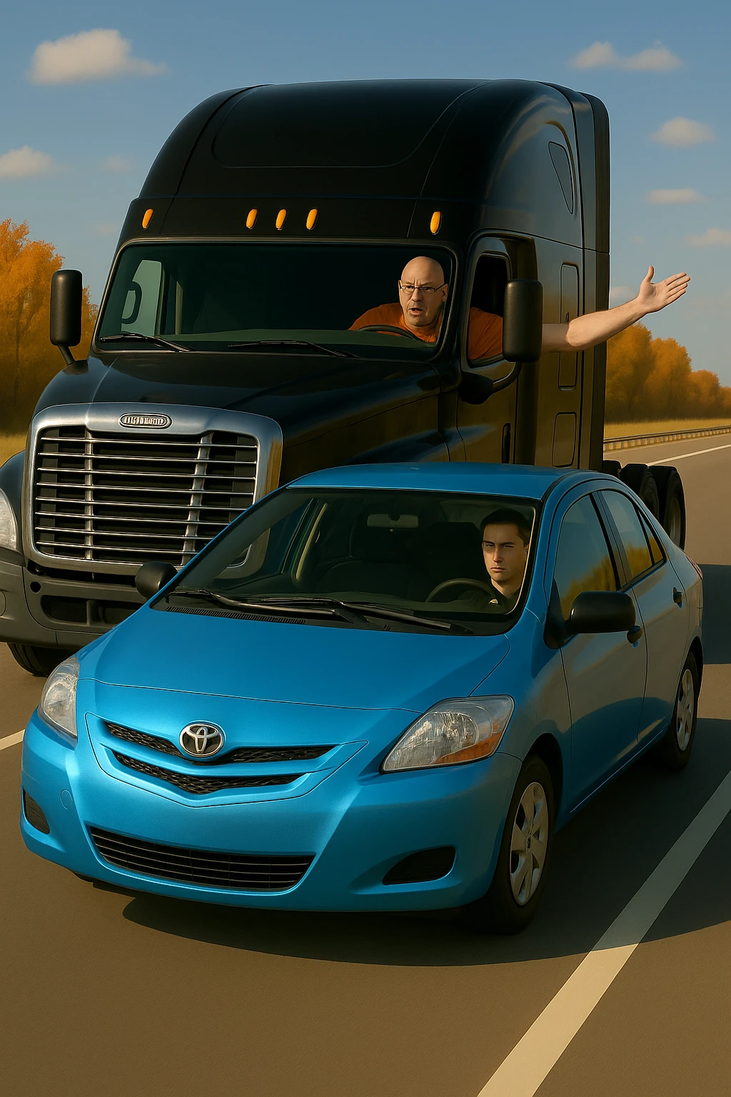 Make the driver of the black semi truck look angry, bald, wearing an orange shirt and glasses, with their arm out the window. Keep the scene bright and vibrant, with a person in the car in front. emoji