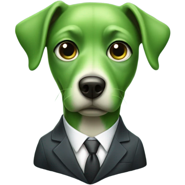 Green dog wearing a suit with big eyes emoji