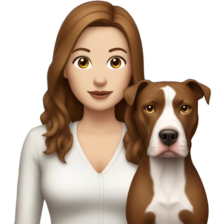 white woman with straight long brown hair standing alongside a white pitbull emoji