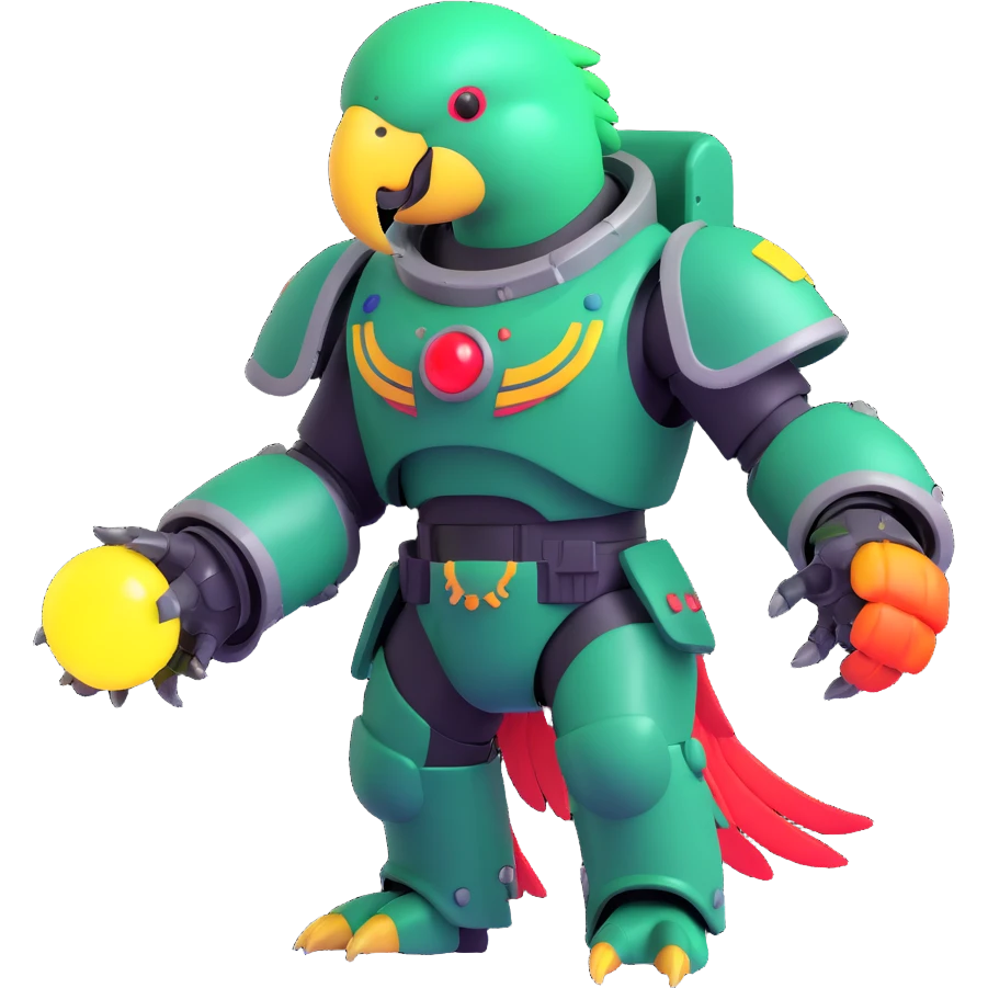 space marine parrot inspired by the party parrot meme, in power armor, dancing, with neon party lights emoji