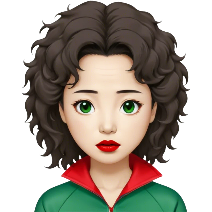 Han Mi-nyeo : Age: Late 80s
Appearance: A crazy woman with many wrinkles face, frizzy, very messy dark brown hair and dramatic red lipstick.
Outfit: Green player tracksuit emoji