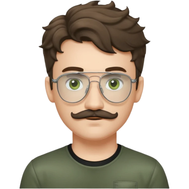 Light brunette wavy haired young man with pale skin and metal aviator glasses. Eyes are greenish grey and he has a moustache. Black t-shirt. emoji