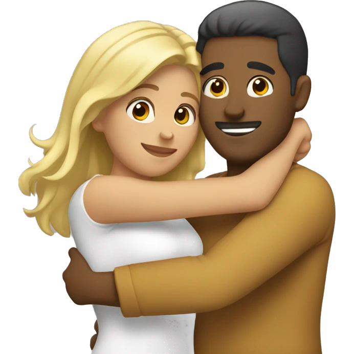 Blond man and hispanic woman hug each other emoji