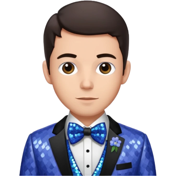Jonathan Bailey with dark brown hair, periwinkle sequin suit with bow tie emoji