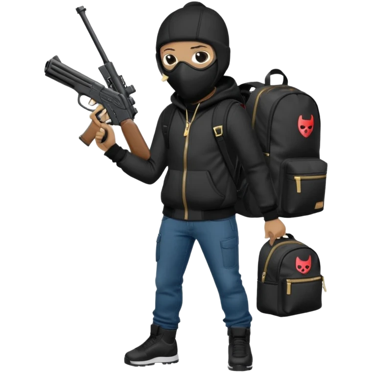 YN wearing a ski mask, holding a gun, black jeans, Sprayground bookbag, confident stance emoji