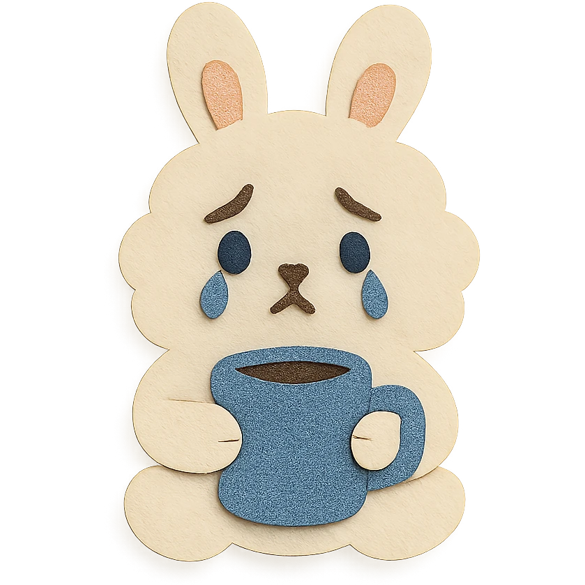 fluffy cream bunny with teardrop eyes holding a coffee mug, cozy soft background, paper-craft style emoji