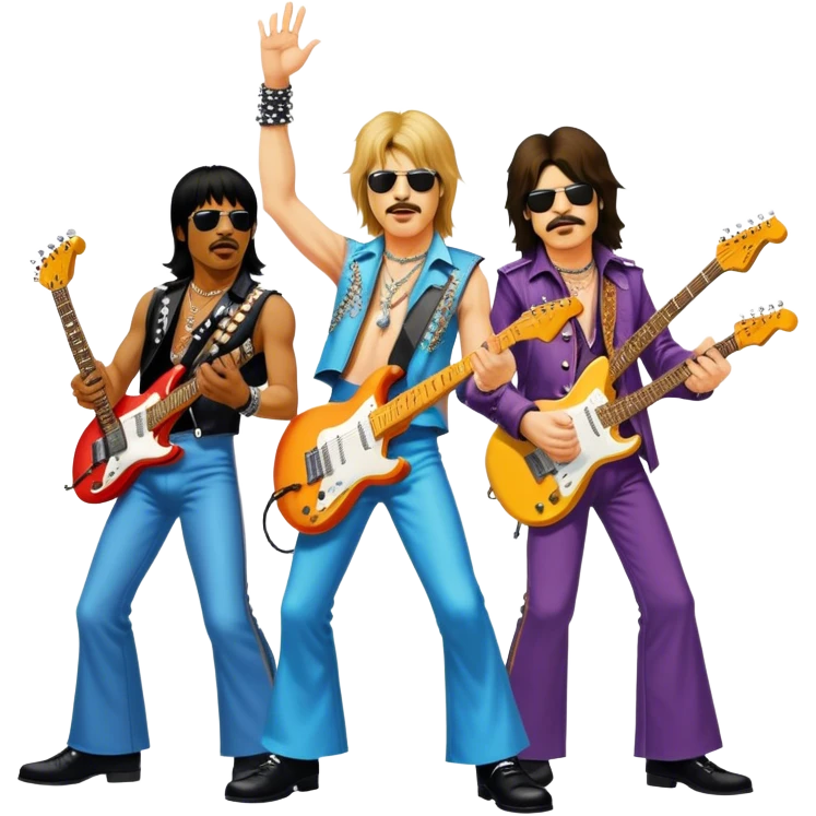Icon for Rock Music: collage of iconic rock musicians—Klaus Meine, Jimi Hendrix, Kurt Cobain, Freddie Mercury, and Ozzy Osbourne—playing electric guitars and singing on stage. Capturing the powerful energy and rebellious spirit of rock. Transparent background. emoji