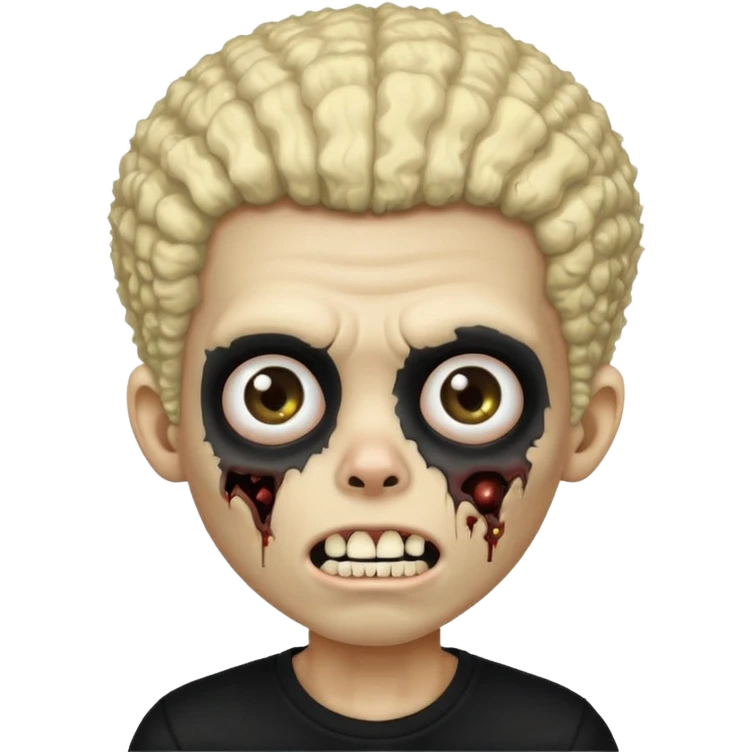 zombie boy, black and blonde afro, black shirt, missing tooth emoji