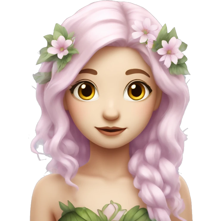 Beautiful, flower fairy, white long, light pink hair, big wings, white skin, light violet eyes  emoji