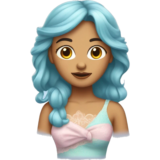 Chica linda con vestido celeste pastel y un moño coquet en el cabello emoji