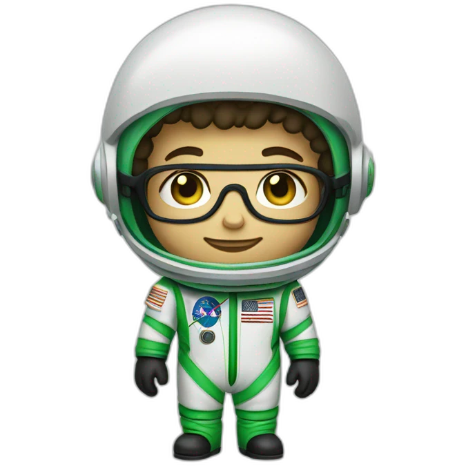 Light skinned Boy with black short curly hear and beard and glasses wearing a green and white astronaut suit emoji