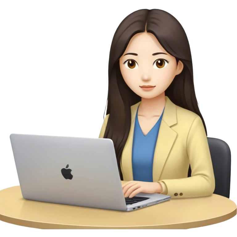 Long hair asian woman working on pale yellow laptop with brown eyes in meeting  emoji