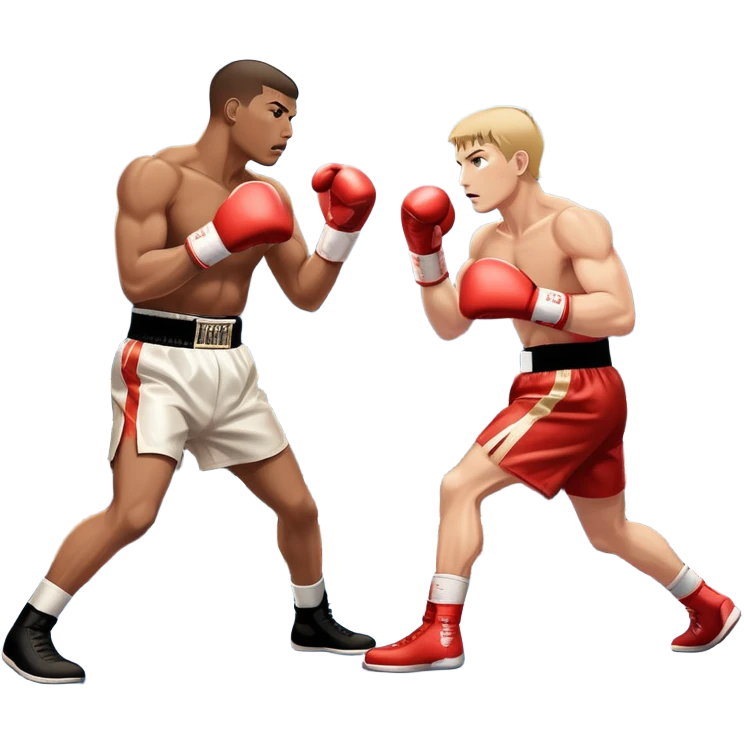 Two professional boxers in the ring fighting for the world championship title. One delivers a powerful straight punch to the head, while the other skillfully dodges. The background shows a brightly lit boxing arena with a roaring crowd. Transparent background emoji