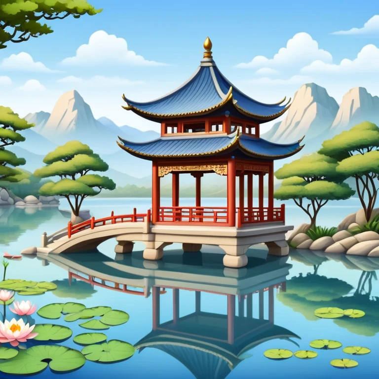 Traditional Chinese pavilion near a peaceful lake emoji