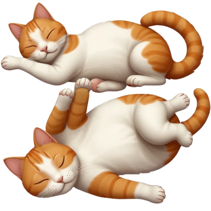ginger and white small cat eyes closed lying down upside down with paws stretched out straight in different directions emoji