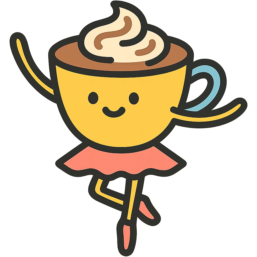 a cappuccino cup dancing ballet, pinkish-orange accents, icon style emoji
