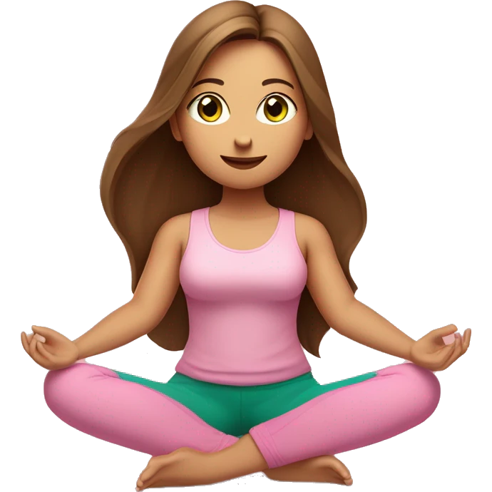 A girl with brown long hair, fair skin and green eyes is meditating in a relaxed lotus position in a comfortable pink top and pink leggings emoji