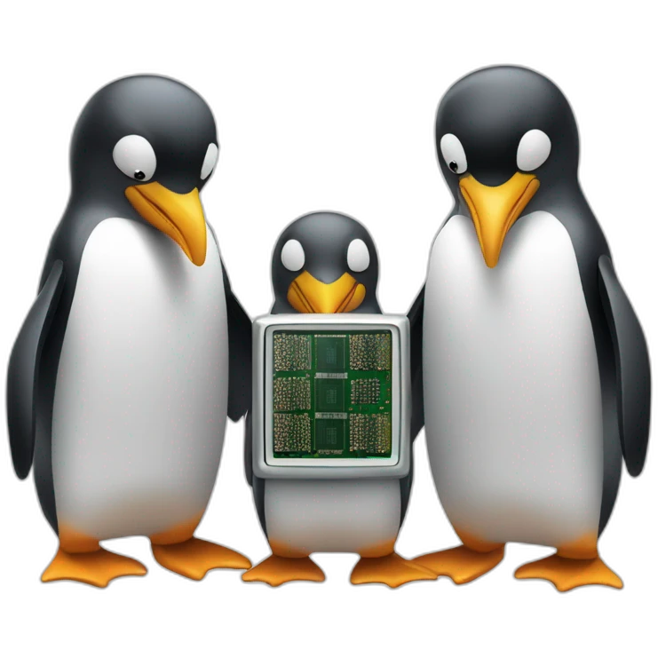 3 penguins with a microprocessor emoji