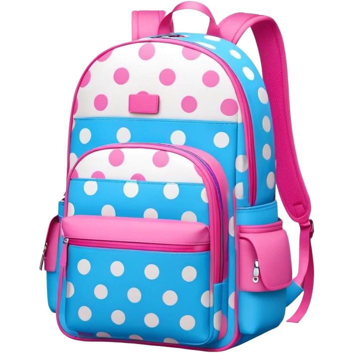 A stylish cute school backpack, medium-sized, with a modern design in bright blue and pink. It features a polka dots pattern of across the front pocket, giving it a sleek yet dynamic look, front view emoji