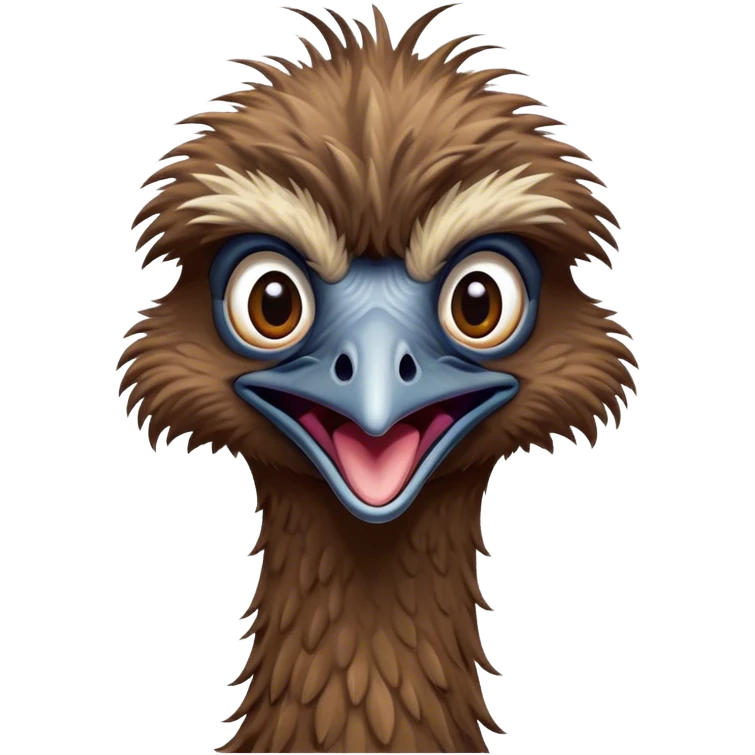 Cinematic Comical Emu Portrait Emoji, Head tilted dramatically with an exaggeratedly amused expression, featuring a striking, textured brown plumage with a comically small head and wide, expressive eyes full of playful disbelief, Simplified yet hilariously expressive features, highly detailed, glowing with a slightly sassy glow, high shine, dramatic yet playful, stylized with an air of cheeky outback mischief, bright and endearing, soft glowing outline, capturing the essence of a spirited and over‐the‐top emu, so meme‐worthy it feels like it could squawk its way into internet fame instantly! emoji