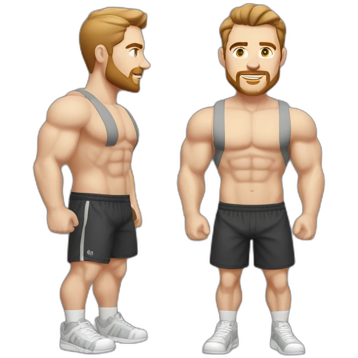 Full height Pale skinned fit man With biceps, Realistic eyes and mouth, light brown hair and stubble In dark gray sleeveless mike, black oversize sports shorts, watch and white sneakers. emoji