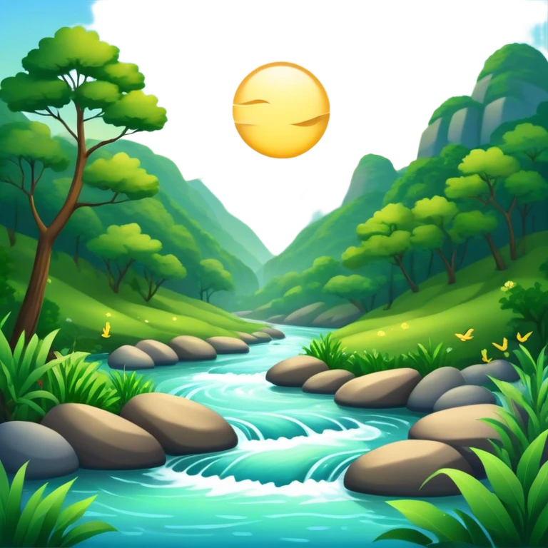 Cinematic Realistic River Emoji, Serene and flowing, with sparkling water meandering through lush greenery, surrounded by trees and rocks. The sun dances across the rippling surface, creating glimmering reflections while birds fly overhead. Soft glowing outline, capturing the essence of peacefulness and tranquility in a meandering river. emoji