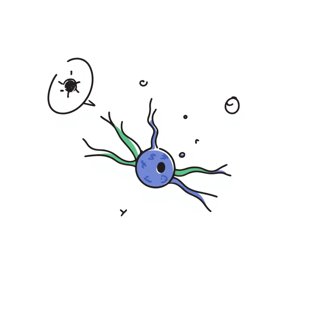 Anatomical neuron illustration with neuroprotective elements: blue cell body (soma), purple dendrites branching out, long green axon with myelin sheath, and protective shield-like aura surrounding the entire neuron. Hand-drawn detailed scientific diagram with glowing protective barrier. emoji