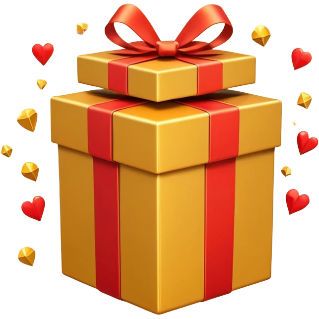 3D emoji style illustration of a big golden gift box with a shiny orange ribbon, a red off-road SUV car jumping out of the box, bright glowing orange background, small playing cards and sparkles flying around, no text, high resolution, square image emoji