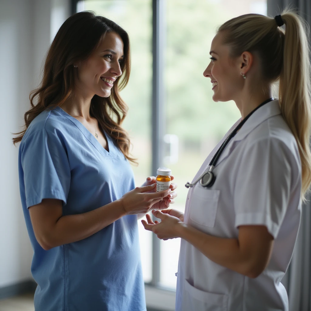 realistic image of a woman receiving a supplement prescription from a doctor after detecting a deficiency, outpatient environment, professional details, reassuring atmosphere emoji