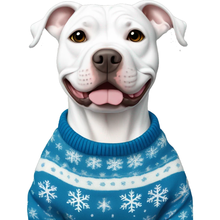 White pit bull in a blue snowflake sweater   emoji