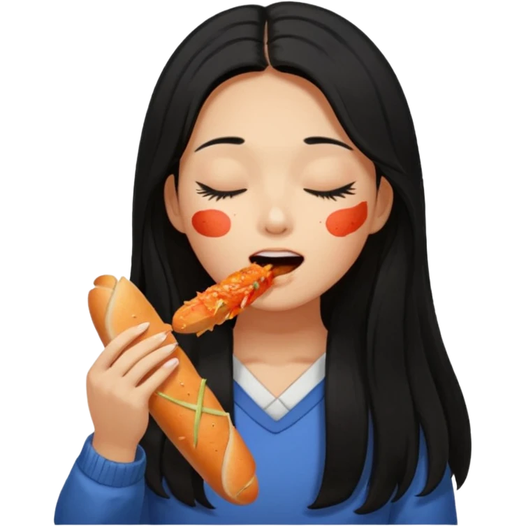 Girl black long hair eat kimchi close eyes baguette emoji