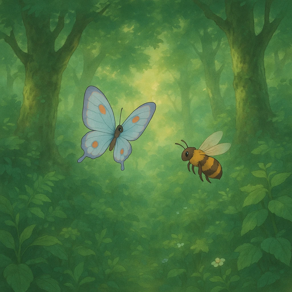 ghibli style butterfly and bee in a lush forest, soft colors, magical atmosphere emoji