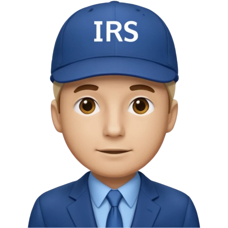 a man dressed in a blue suit with a cap on that says IRS emoji
