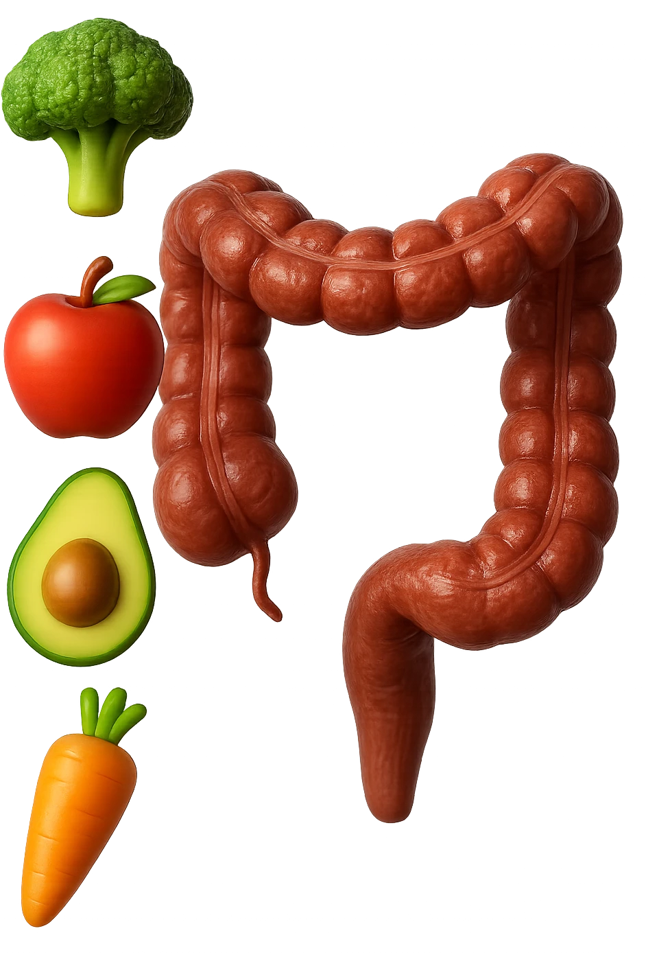 emoji stile iphone in 3d di cibo sano che fluttua in aria vericalmente insieme a pezzi di colon umano anatomico, iperrealistico 4k emoji
