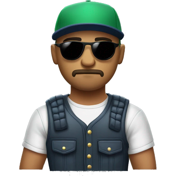 Bald Mexican young man with round face a dark beard baseball cap and dark cool sunglasses looking tough huge muscles emoji