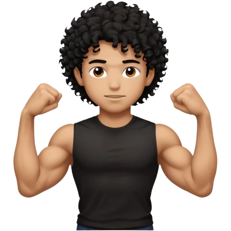 muscular teen boy with veiny hands arms and biceps. has messy black curly hair with dark-tan skintone with black tshirt emoji