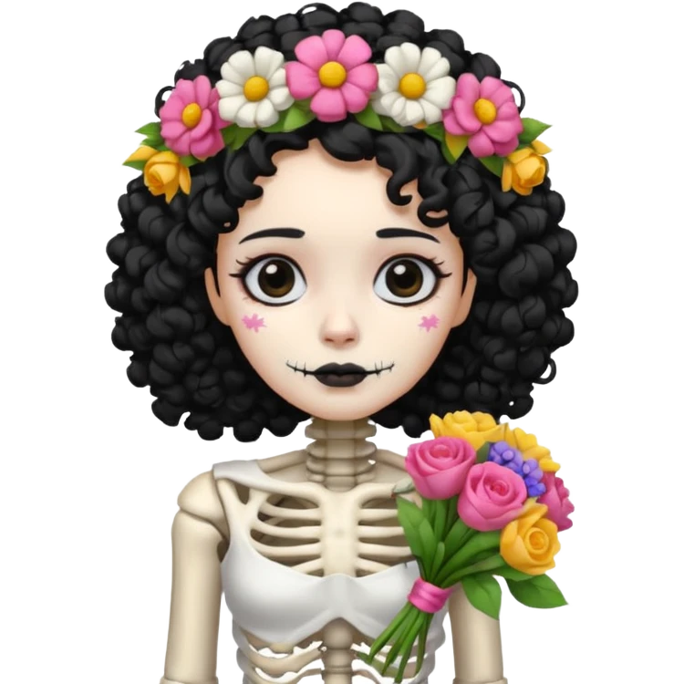 Skeleton with Flower Crown, curley hair black, with flower bouquet emoji