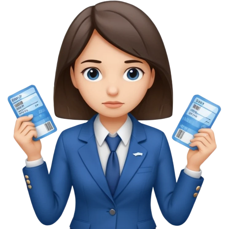 Девушка в офисном костюме, грустная, с билетами на самолет в руках  emoji