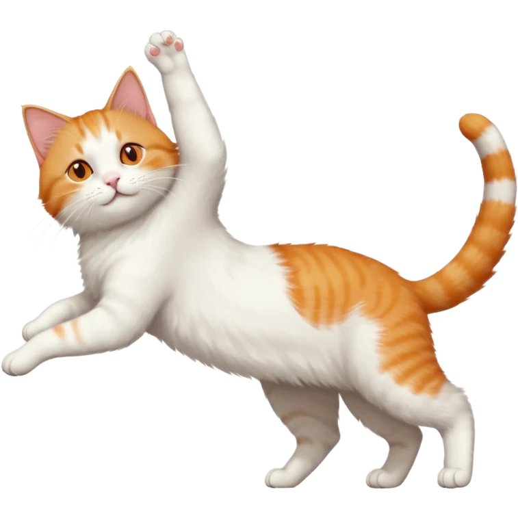 ginger and white cat with orange eyes doing a big extremely long stretch reaching up into the air with arms and legs side by side together straight and overextended whilst lying on its side emoji