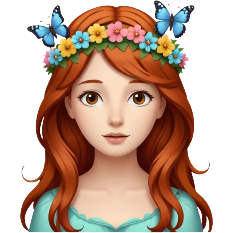 Woman with long flowing auburn hair wearing a flower crown with butterflies in it emoji