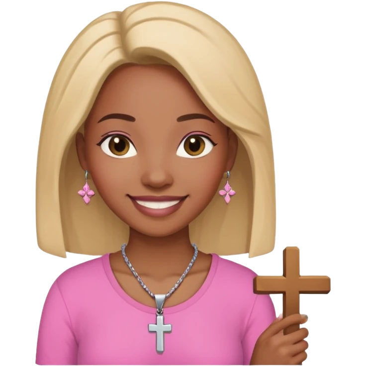 Black woman pink shirt praying with cross necklace in hands emoji