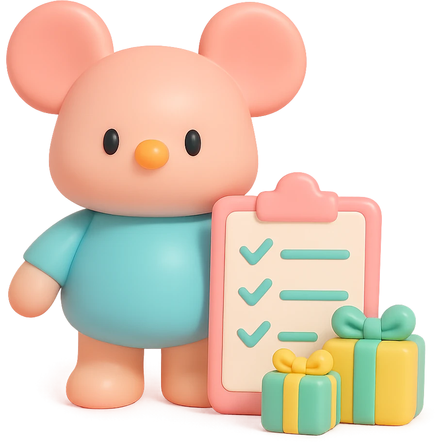 mouse with checklist and mini presents in vinyl figure style emoji