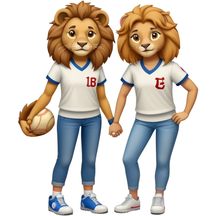 confident anthropomorphised female lion wearing a baseball shirt, jeans, and trainers, showing comfort and support to another character emoji