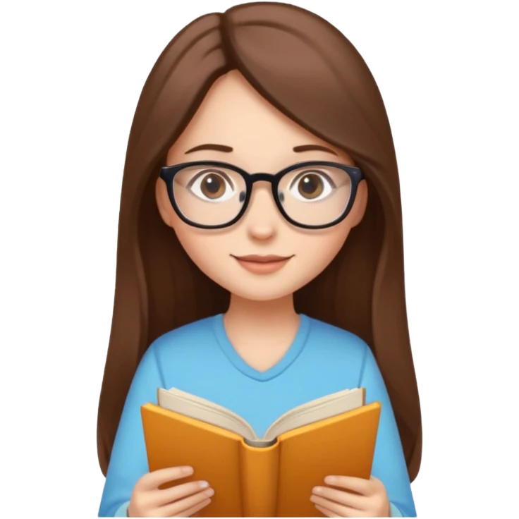 clean beautiful girl long brown hair, wear glasses, reading a book emoji