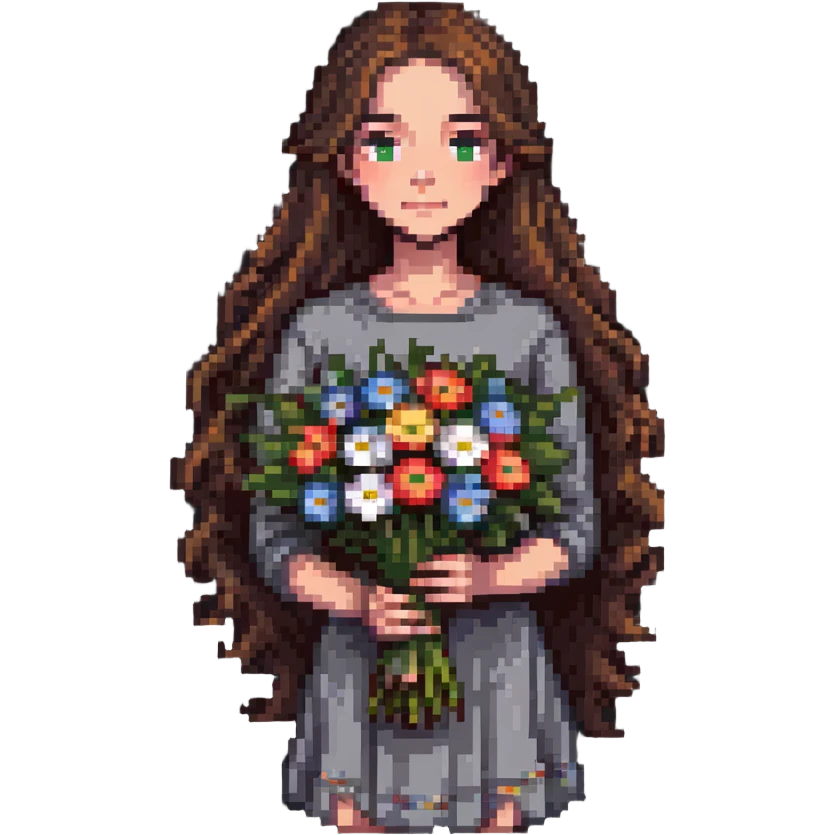 Cool girl with long brown hair holding a bouquet of flowers emoji