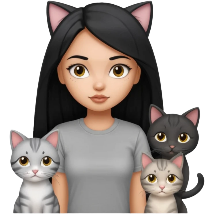 a pretty bratz dusky girl with long straight hair with four cats nd wearing a grey tshirt emoji