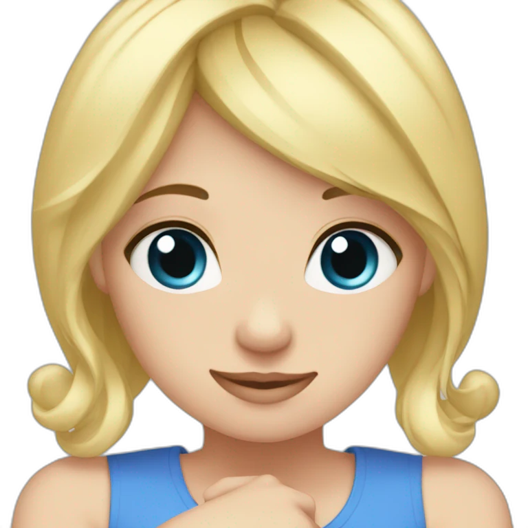 a girl with Blonde hair and blue eyes making heart semboll with her hands emoji